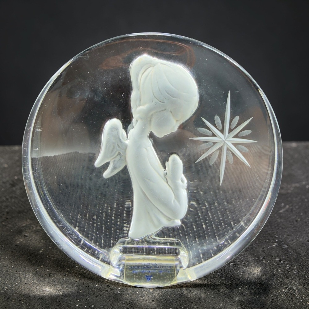 Danbury Mint 1977 Christmas Crystal Praying Angel Star Plaque Italy Clear VTG